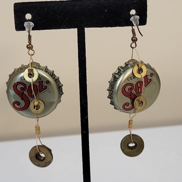 Mixed Metal Upcycled Hand Crafted Sol Cerveza Beer Bottle Cap Pierced Earrings - Picture 8 of 16